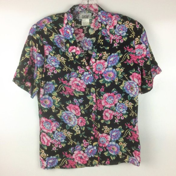 Lucia Tops - Vintage Floral Button Short Sleeve Down Blouse Size 12